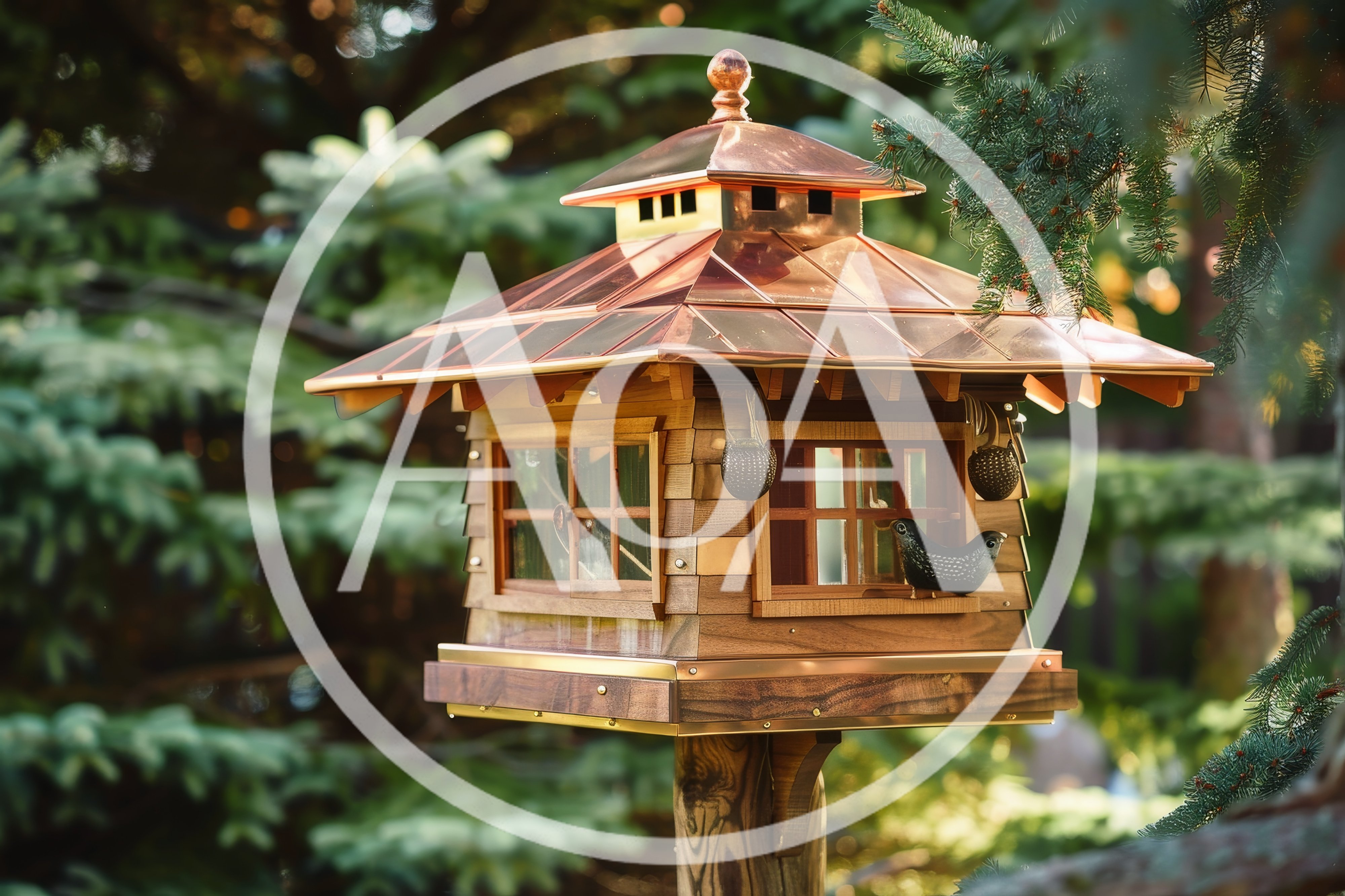 Wooden Bird Feeder With Copper Roof In Garden