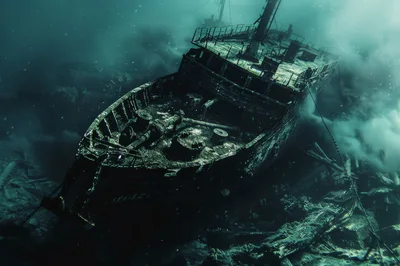Sunken Shipwreck Resting On The Dark Ocean Floor