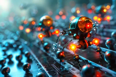 Microscopic Nanobots Operating On A Futuristic Circuit Board