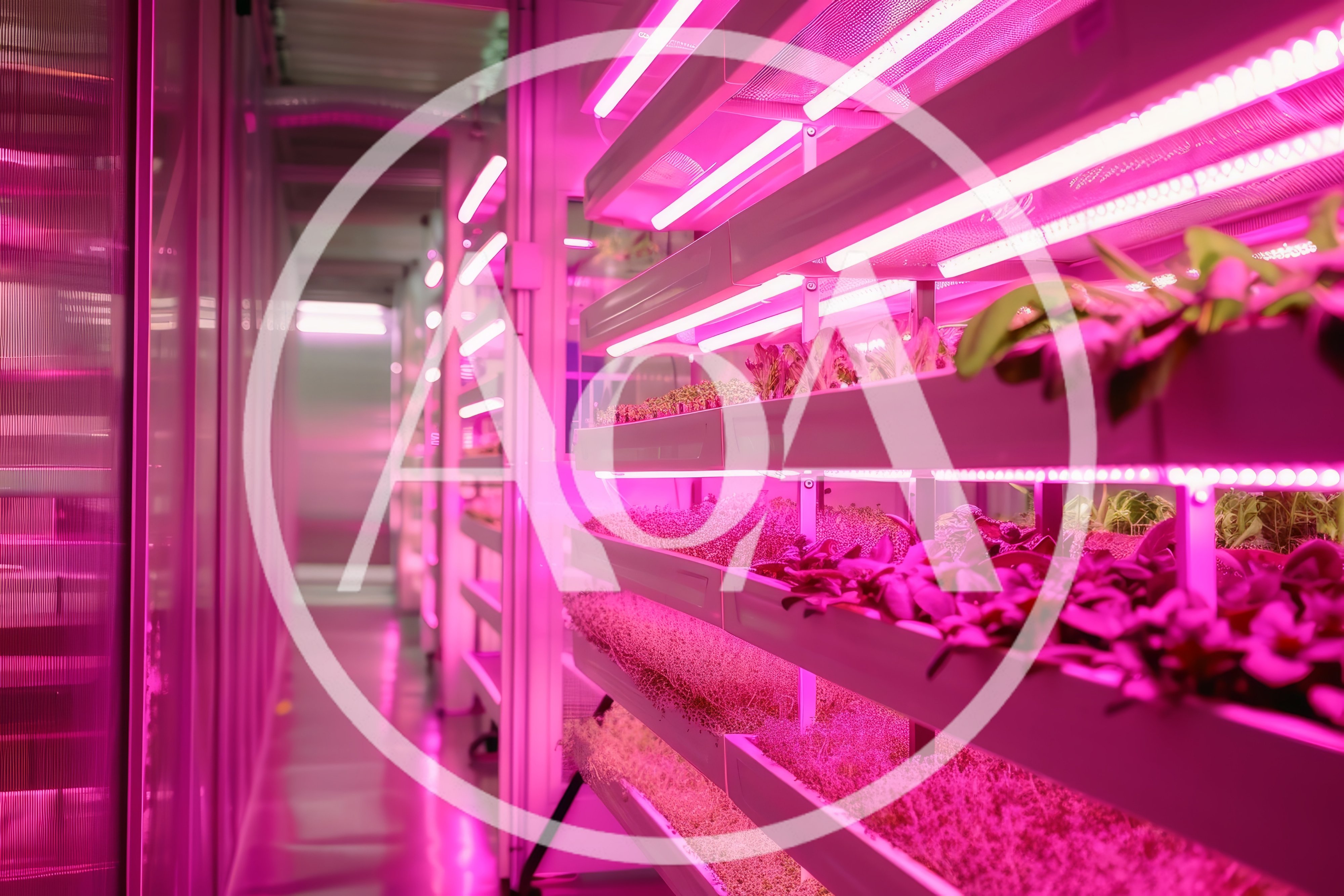 Vertical Farming Facility With Pink LED Grow Lights