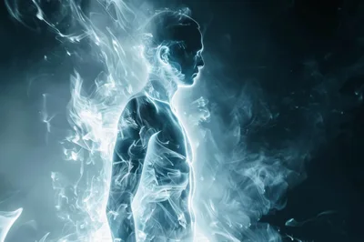 Ethereal Human Silhouette Formed From Glowing Blue Smoke