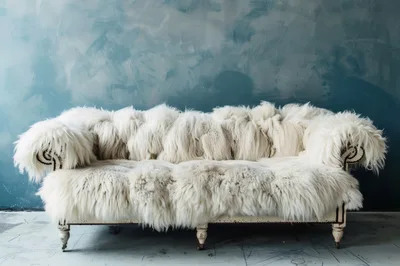 Vintage Shaggy Fur Sofa Against Blue Textured Wall
