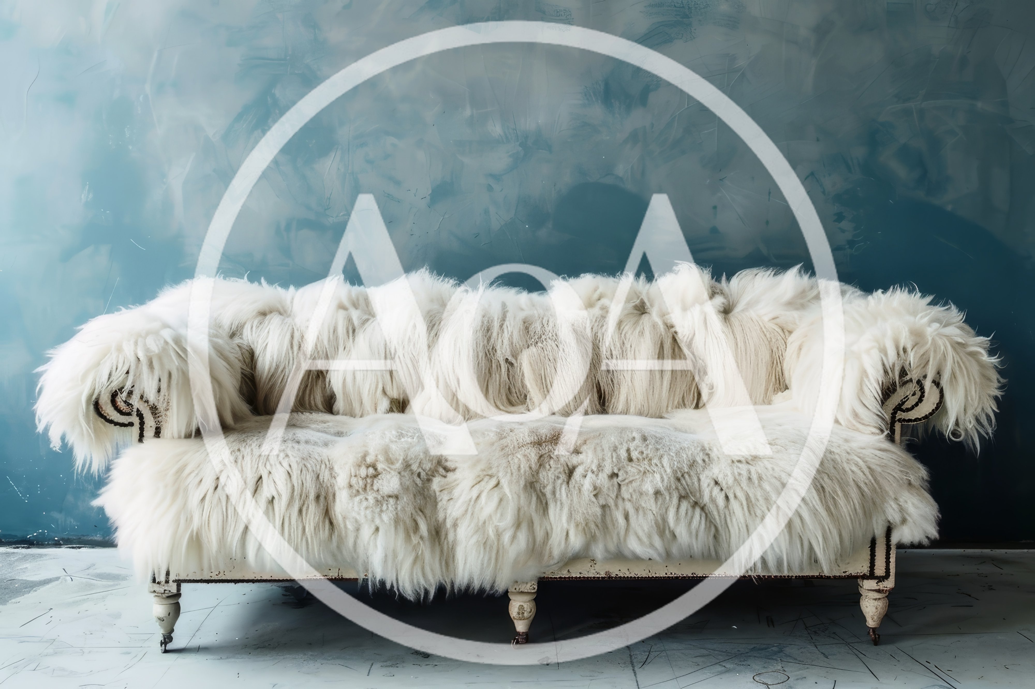 Vintage Shaggy Fur Sofa Against Blue Textured Wall