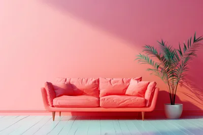 Modern Pink Sofa With Potted Palm Plant