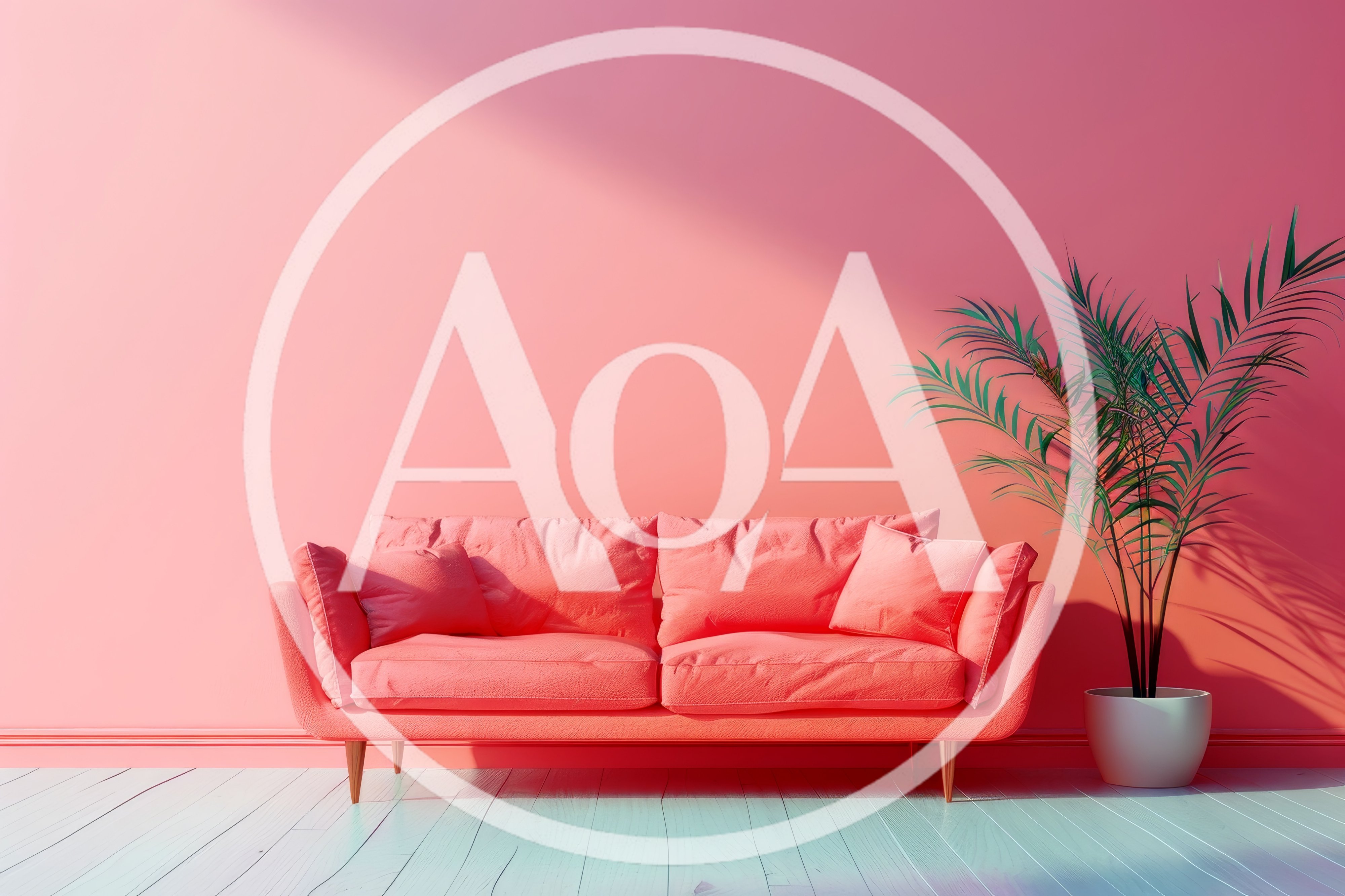 Modern Pink Sofa With Potted Palm Plant