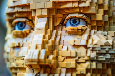 Close Up Of A Lego Brick Human Face Sculpture