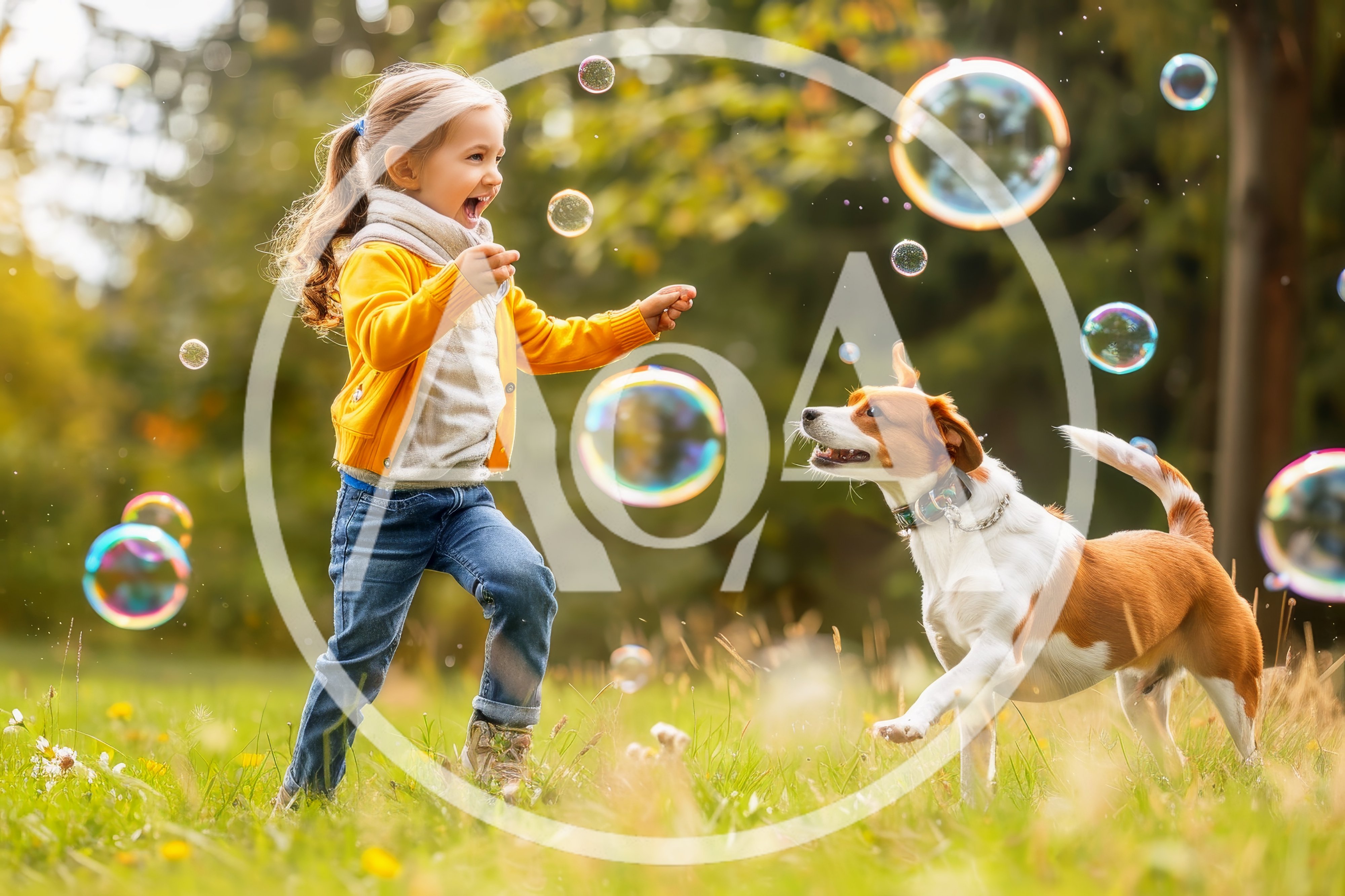 Little Girl Playing With Her Dog And Bubbles