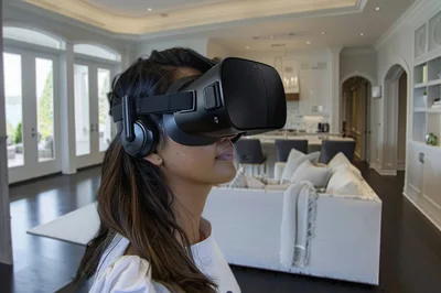 Woman Wearing Virtual Reality Headset In Modern Home