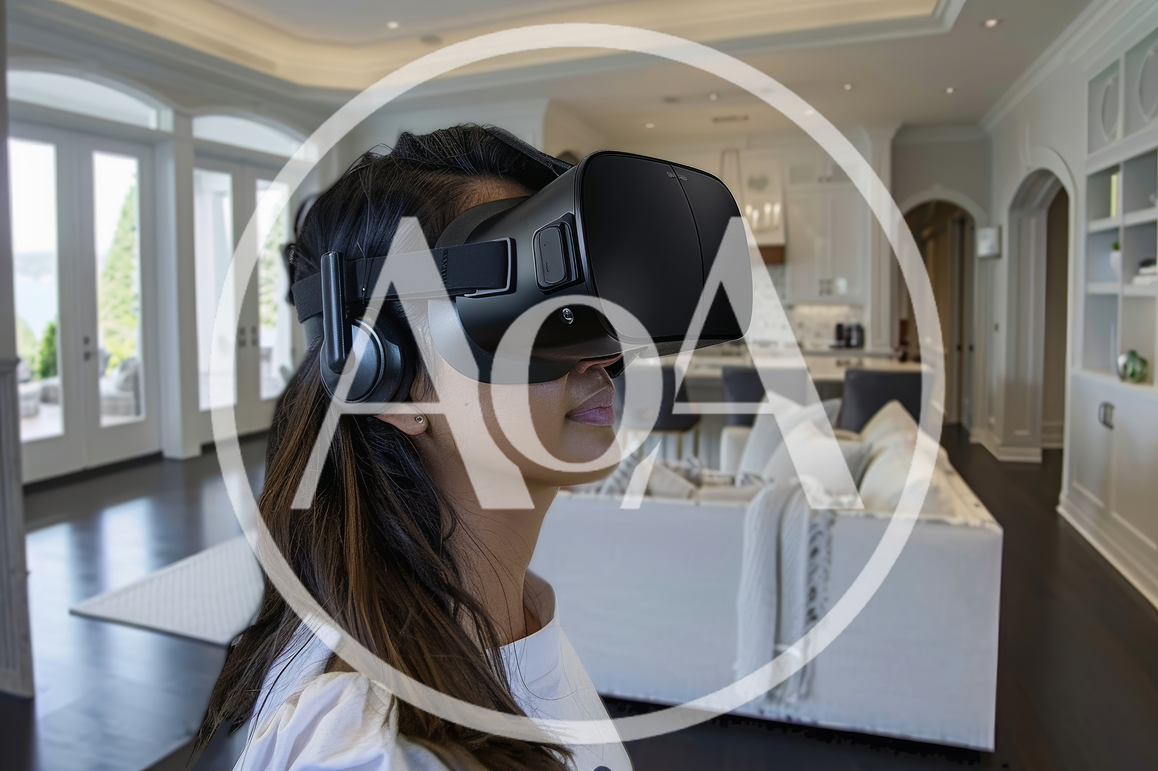 Woman Wearing Virtual Reality Headset In Modern Home