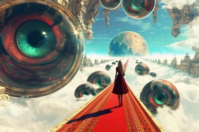 Surreal Woman Walking On Red Carpet Among Giant Eyes