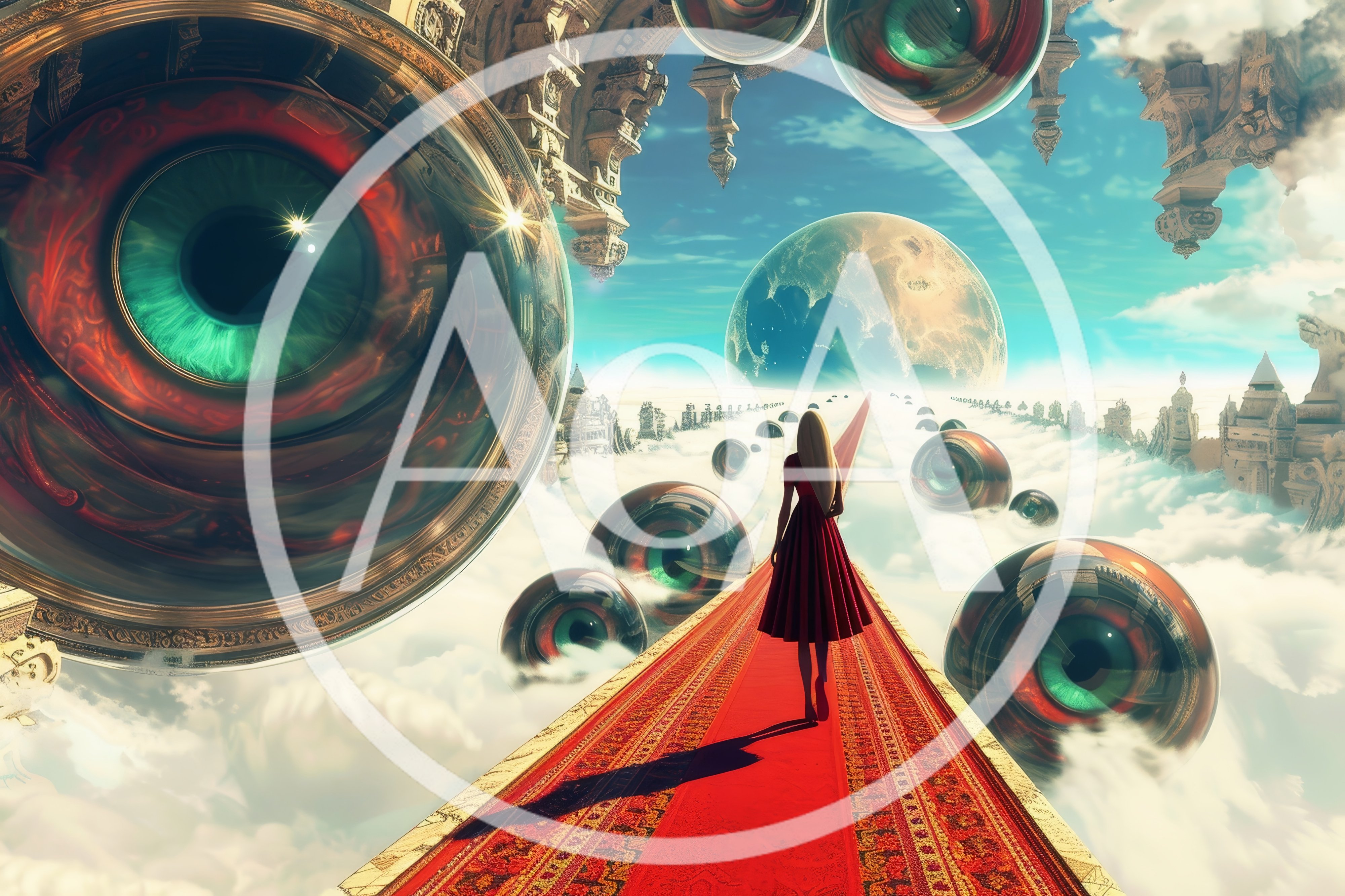 Surreal Woman Walking On Red Carpet Among Giant Eyes