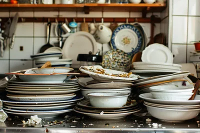 Stack Of Dirty Dishes In A Cluttered Kitchen