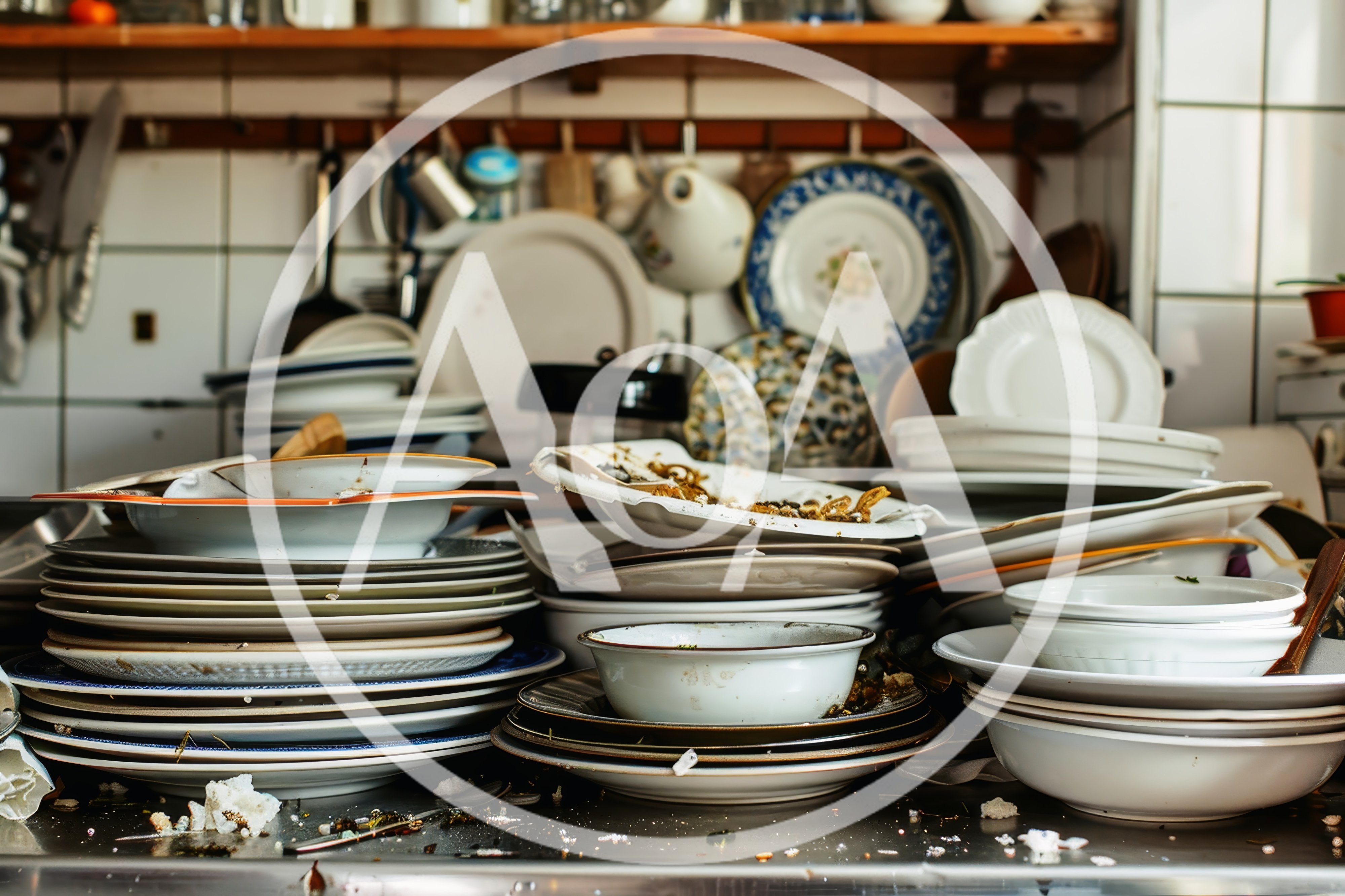 Stack Of Dirty Dishes In A Cluttered Kitchen