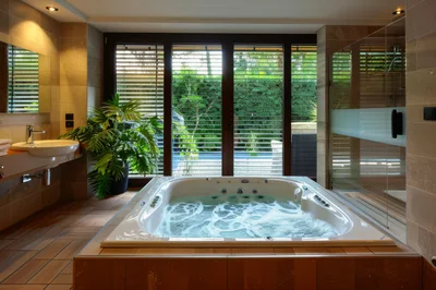 Luxury Bathroom With Whirlpool Bathtub And Garden View