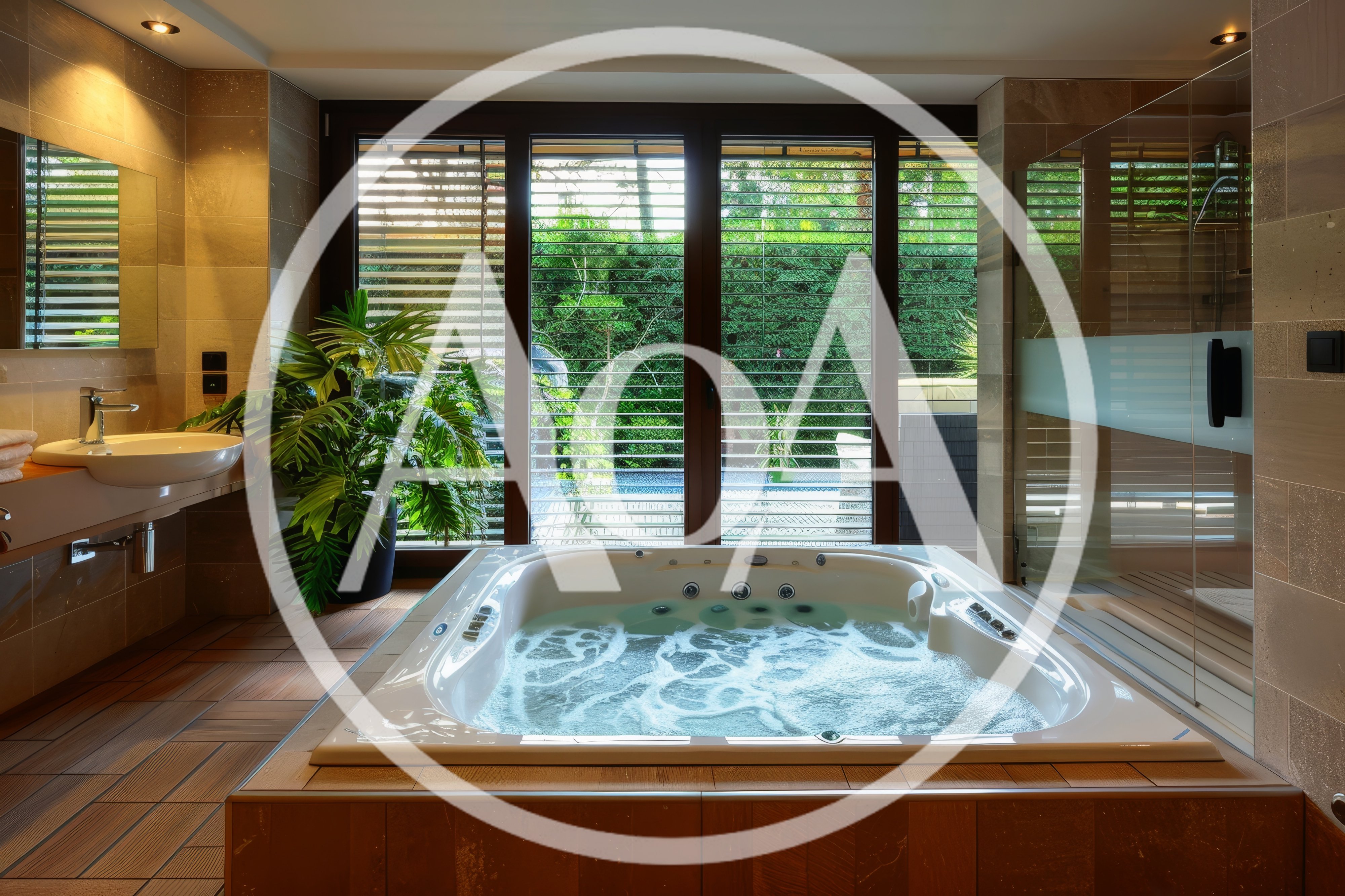 Luxury Bathroom With Whirlpool Bathtub And Garden View