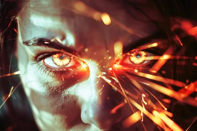 Close Up Of Intense Human Eyes With Glowing Sparks