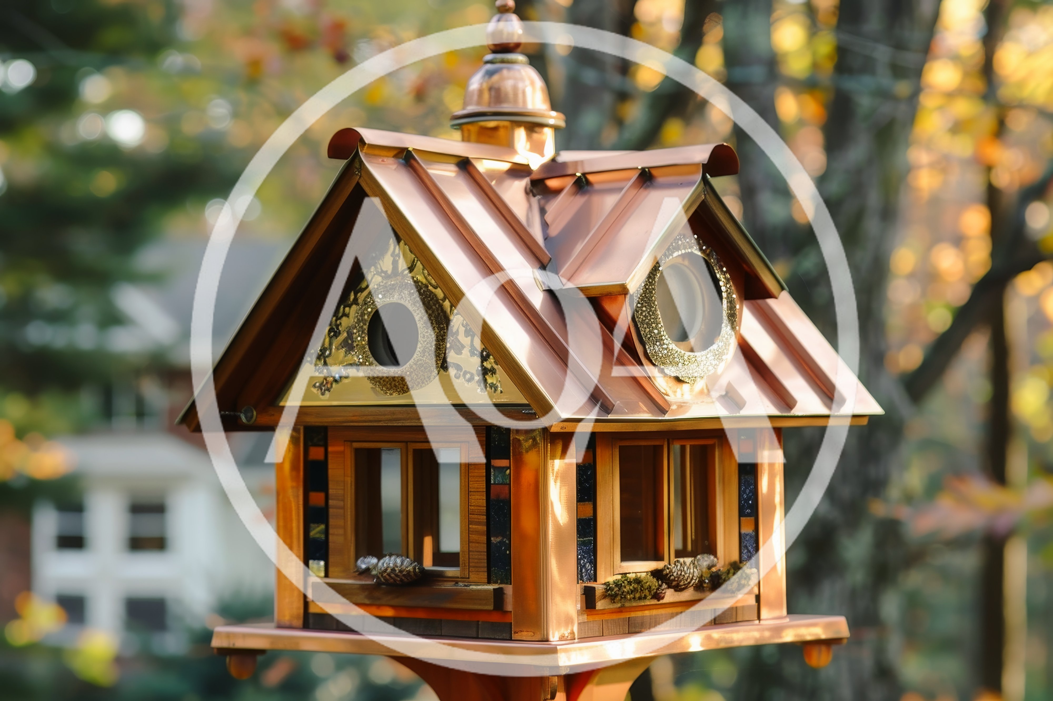 Decorative Wooden Birdhouse With Copper Roof In Autumn