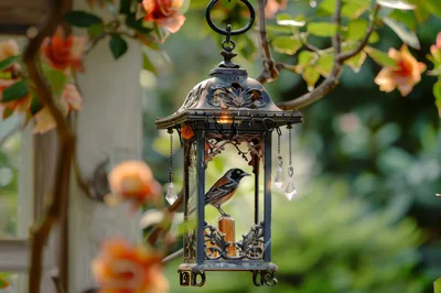 Decorative Hanging Lantern With Bird Figurine In Garden