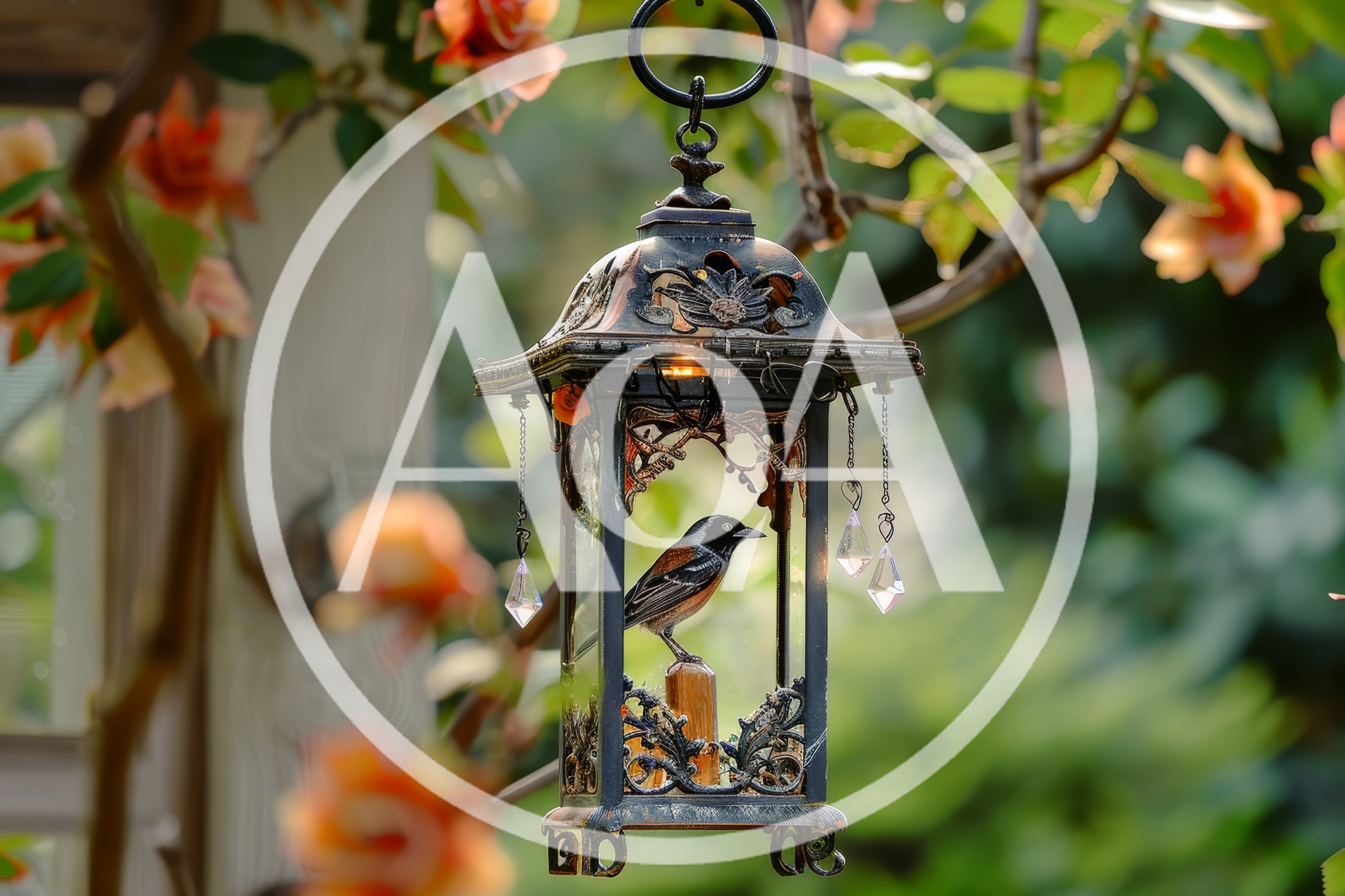Decorative Hanging Lantern With Bird Figurine In Garden