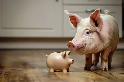 A Pig Standing Next To A Piggy Bank