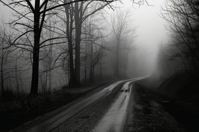 Foggy Dirt Road Through A Bare Winter Forest