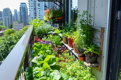 Urban Balcony Garden With Potted Herbs And Vegetables