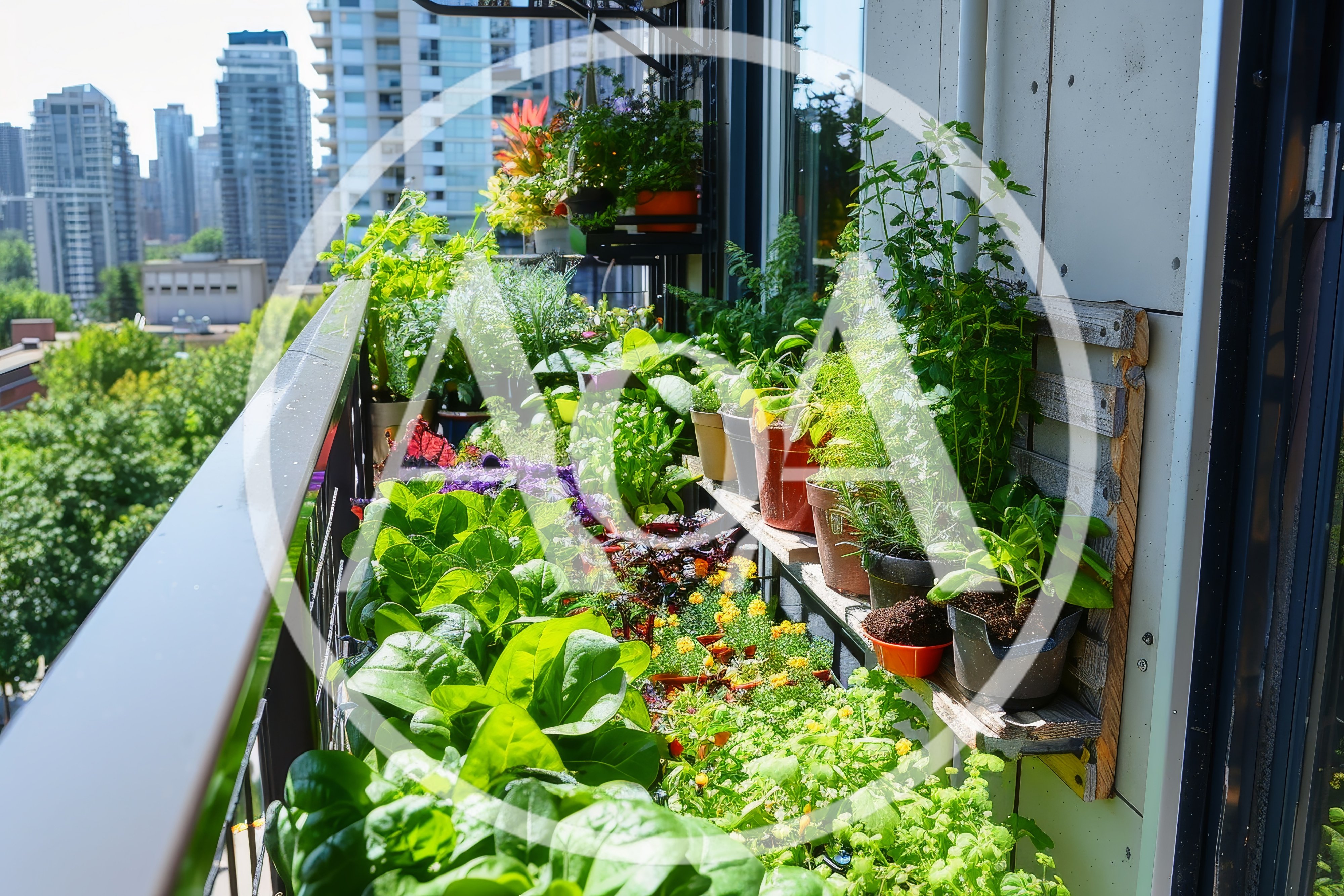 Urban Balcony Garden With Potted Herbs And Vegetables