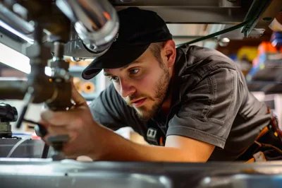 Professional Plumber Repairing Sink Pipes Under Cabinet