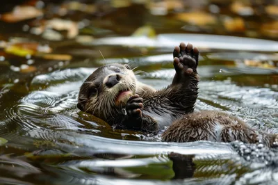 Cute River Otter Swimming And Waving In Water