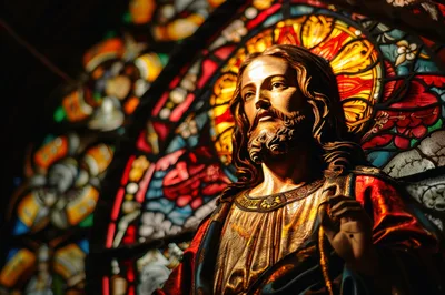 Statue Of Jesus Christ Against Stained Glass Window