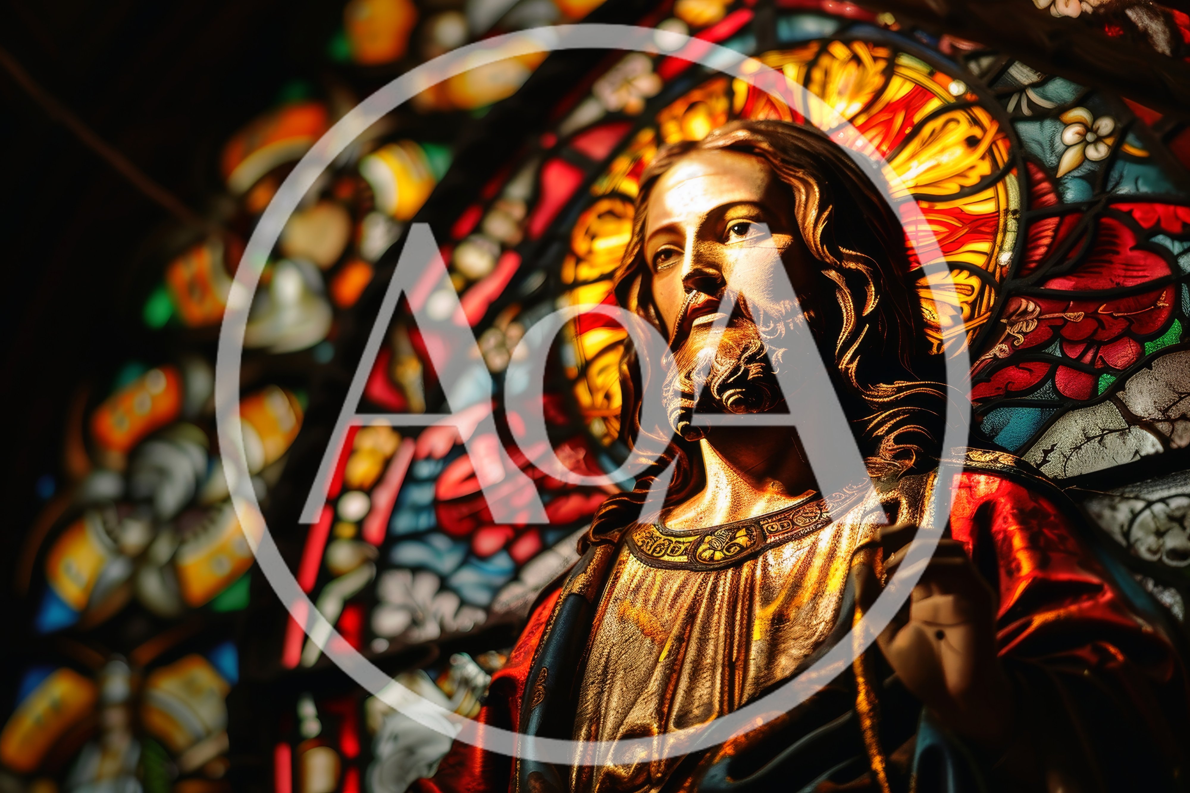 Statue Of Jesus Christ Against Stained Glass Window