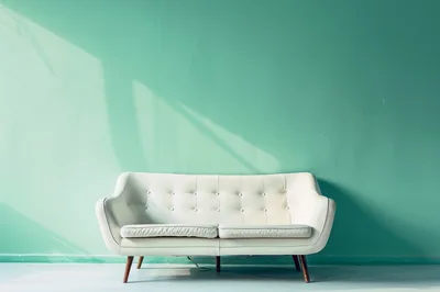 White Mid-Century Modern Sofa Against Mint Green Wall