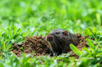 Small Brown Vole Emerging From Burrow In Green Grass