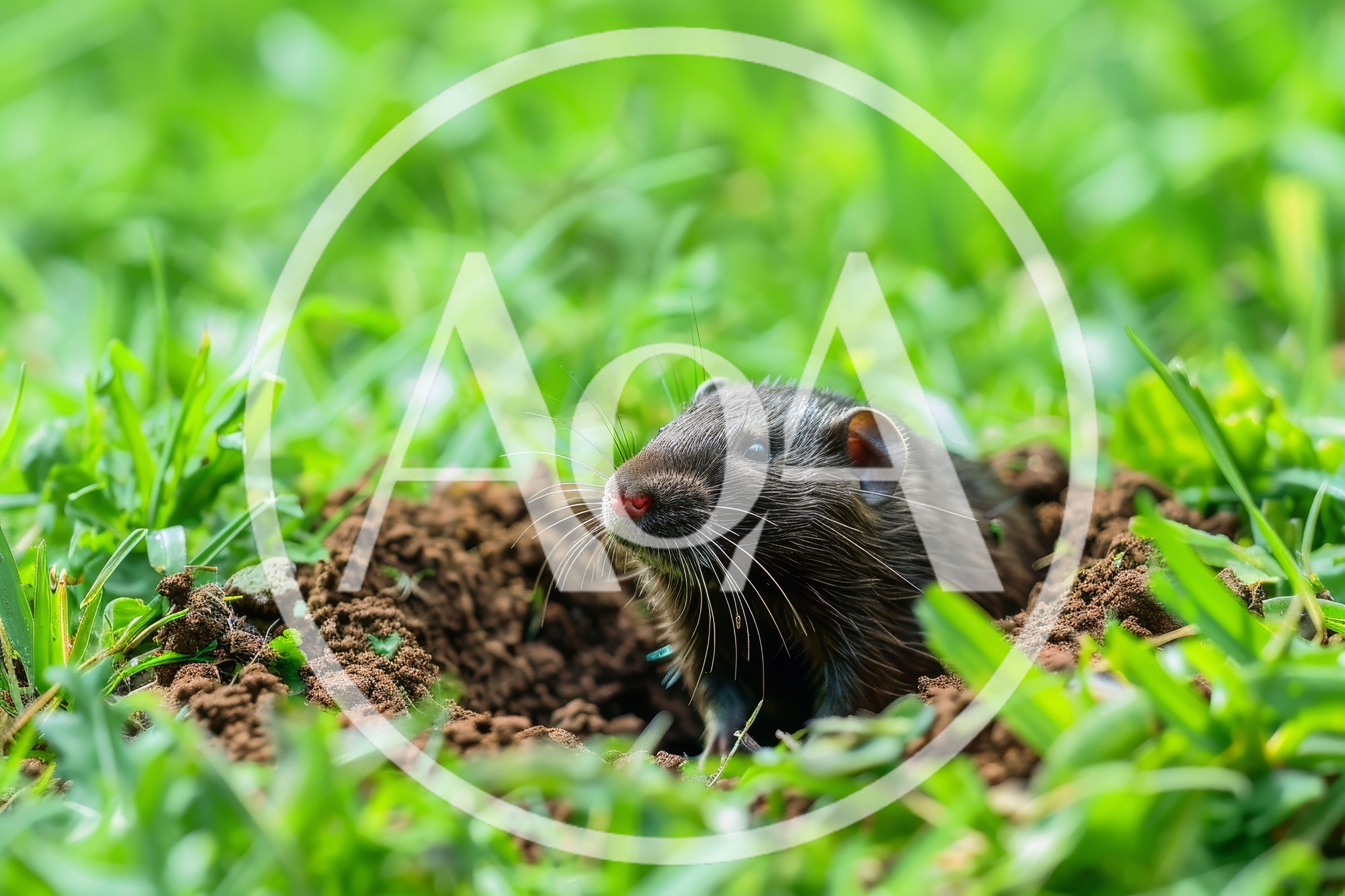Small Brown Vole Emerging From Burrow In Green Grass