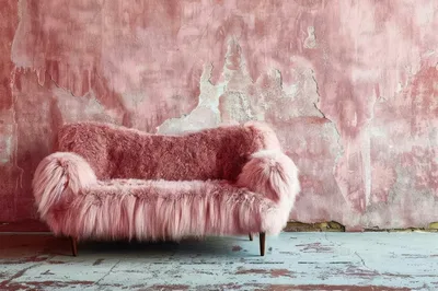 Pink Shaggy Fur Sofa Against Distressed Wall