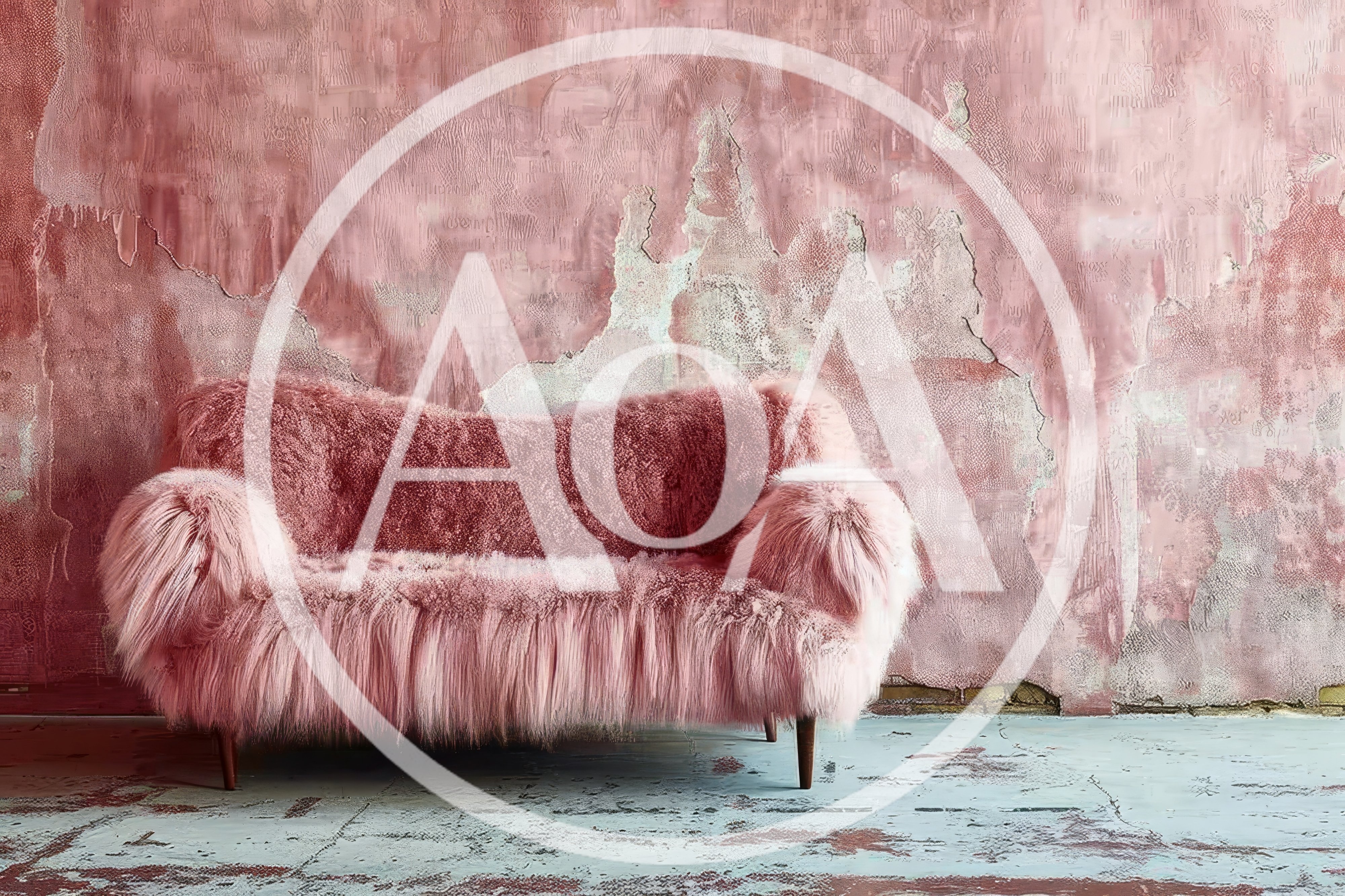 Pink Shaggy Fur Sofa Against Distressed Wall