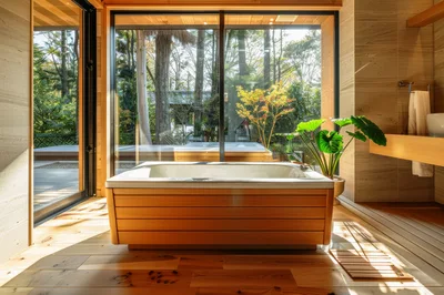 Modern Wooden Bathtub In Luxury Forest View Bathroom