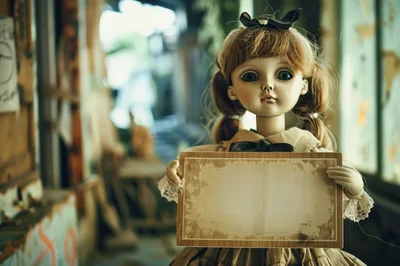 Vintage Porcelain Doll Holding A Blank Wooden Sign