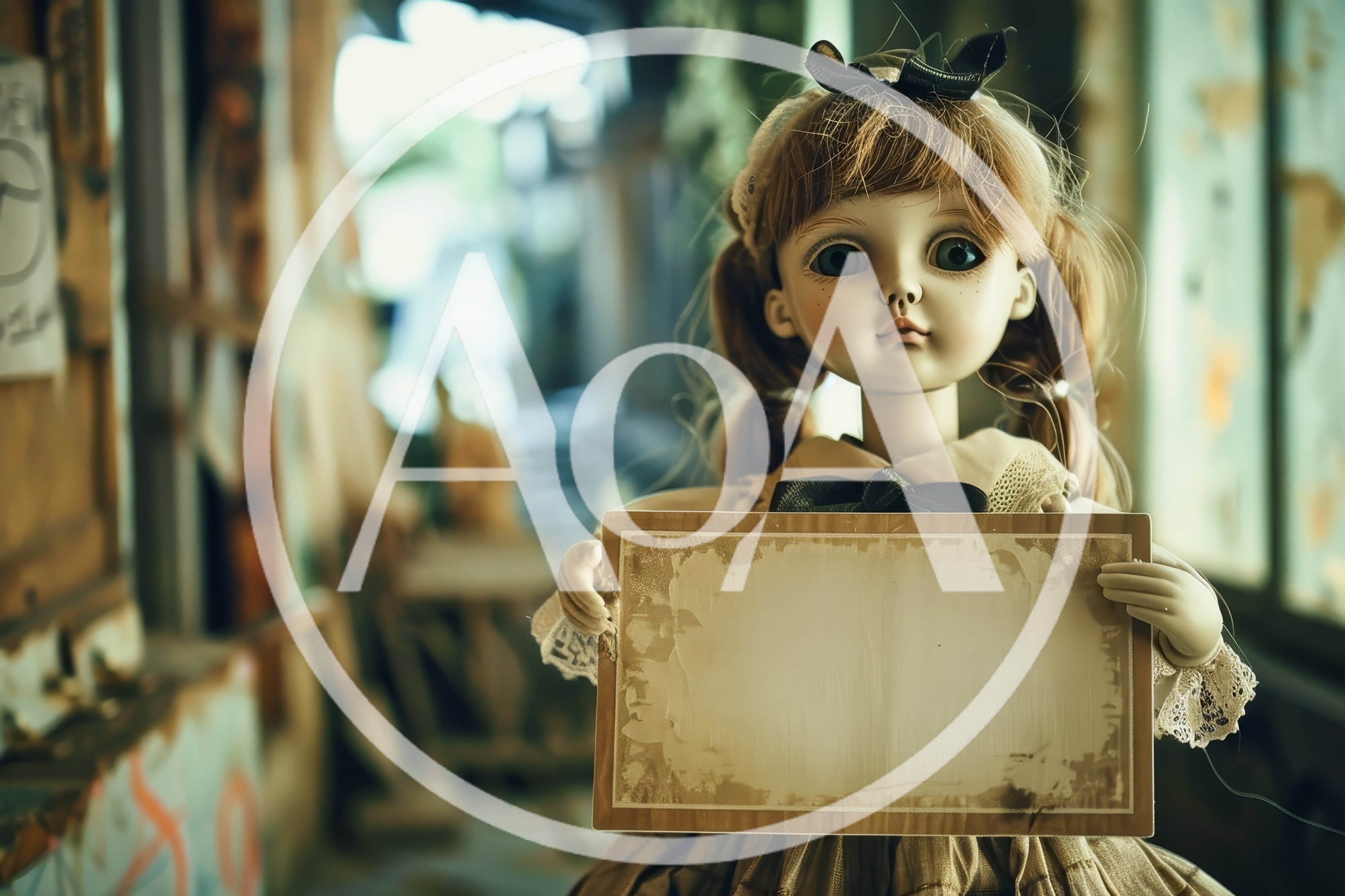 Vintage Porcelain Doll Holding A Blank Wooden Sign