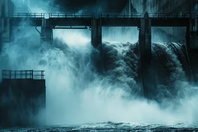 Powerful Water Release From A Massive Concrete Dam