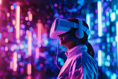 Young Woman Wearing Virtual Reality Headset In Neon Light