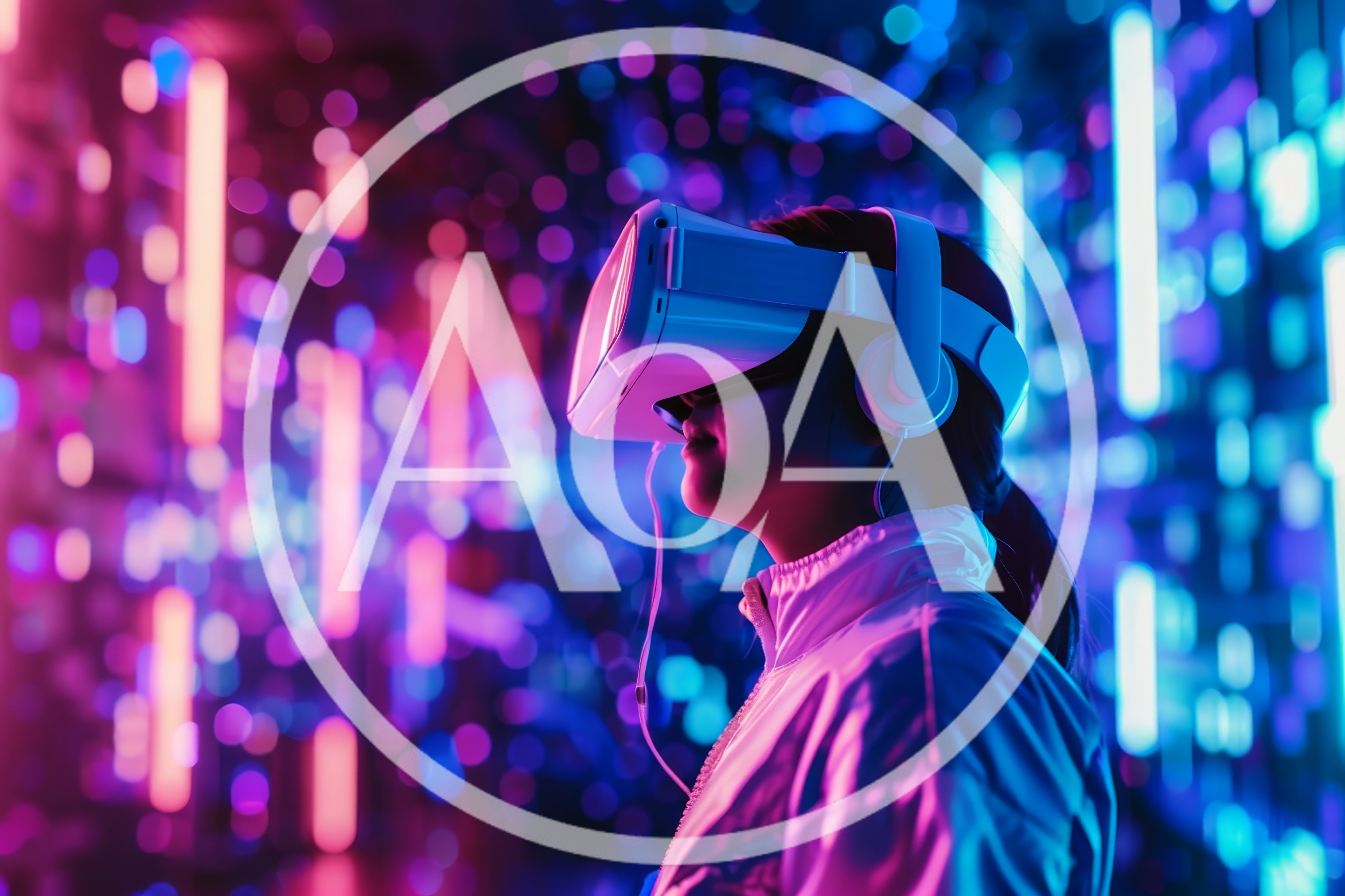Young Woman Wearing Virtual Reality Headset In Neon Light