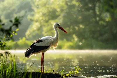 White Stork Standing By A Misty Pond