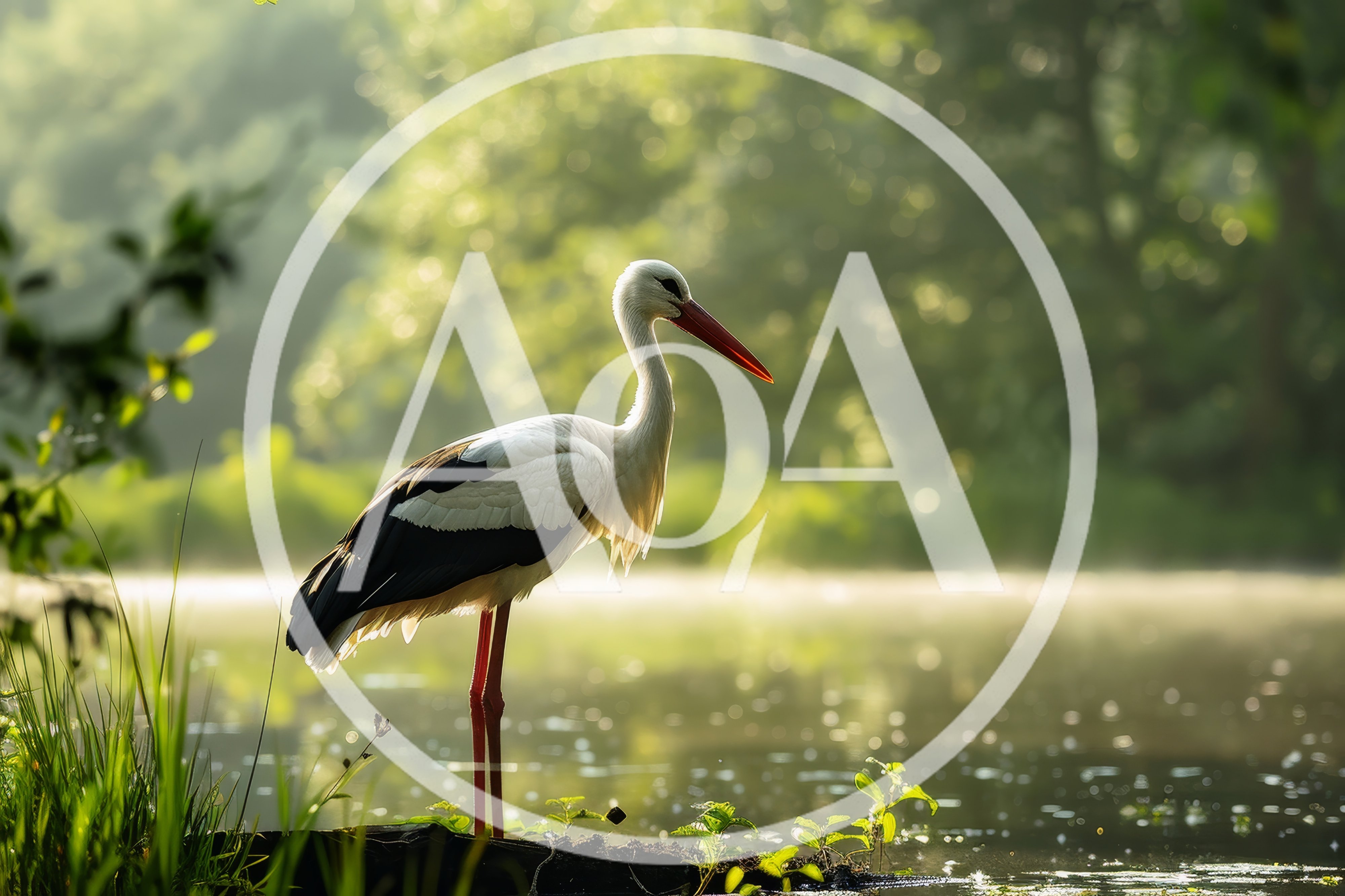 White Stork Standing By A Misty Pond