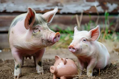 Two Piglets Standing Beside A Ceramic Piggy Bank