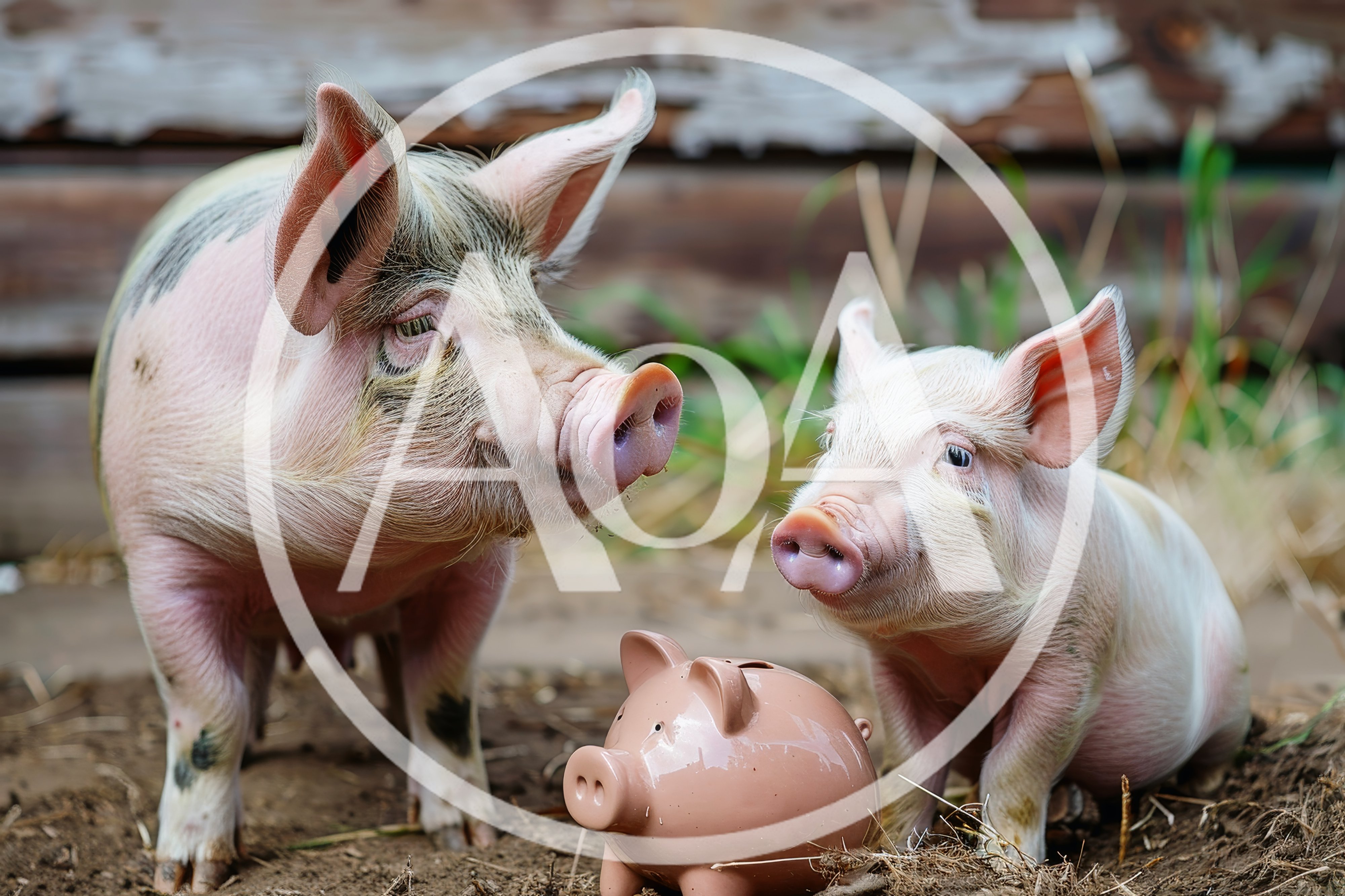 Two Piglets Standing Beside A Ceramic Piggy Bank