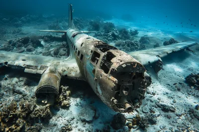 Sunken Airplane Wreckage On The Ocean Floor