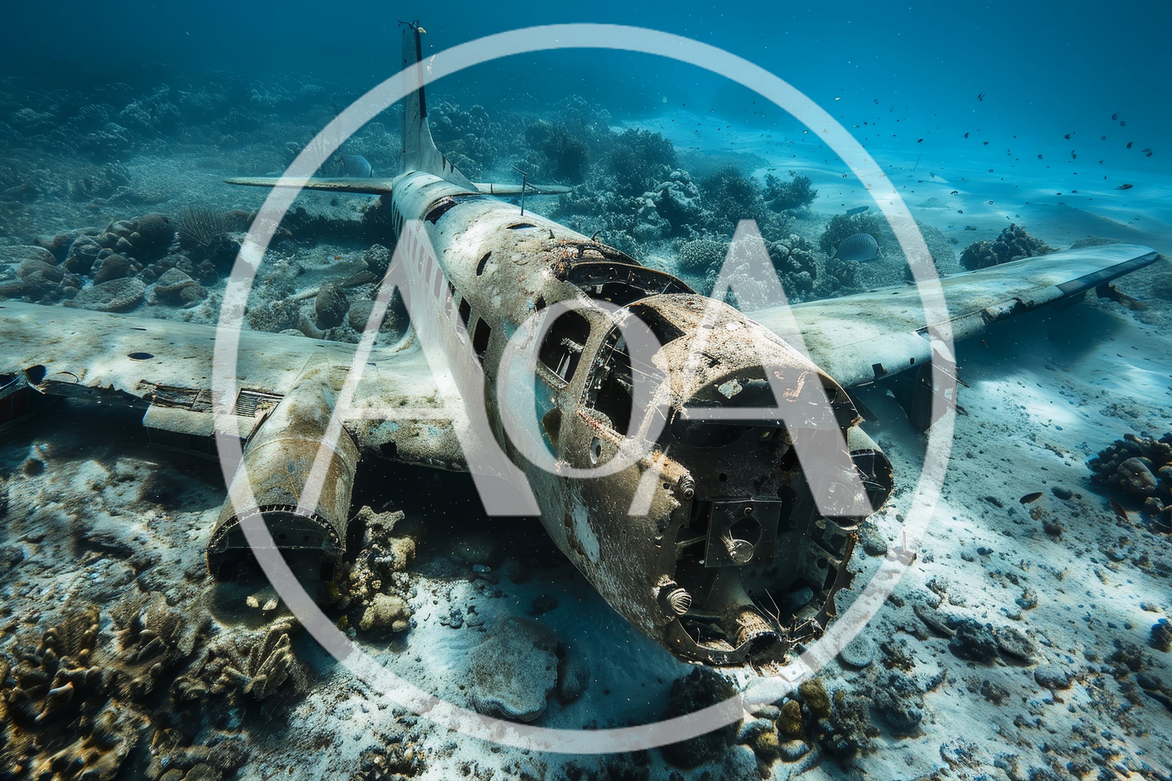 Sunken Airplane Wreckage On The Ocean Floor