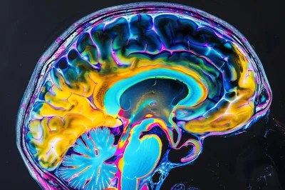 Vibrant False Color Sagittal Brain MRI Scan