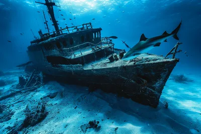 Shark Swimming Near A Sunken Shipwreck Underwater